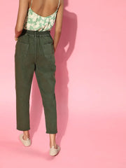 Women Olive Green Front Slit Jeans