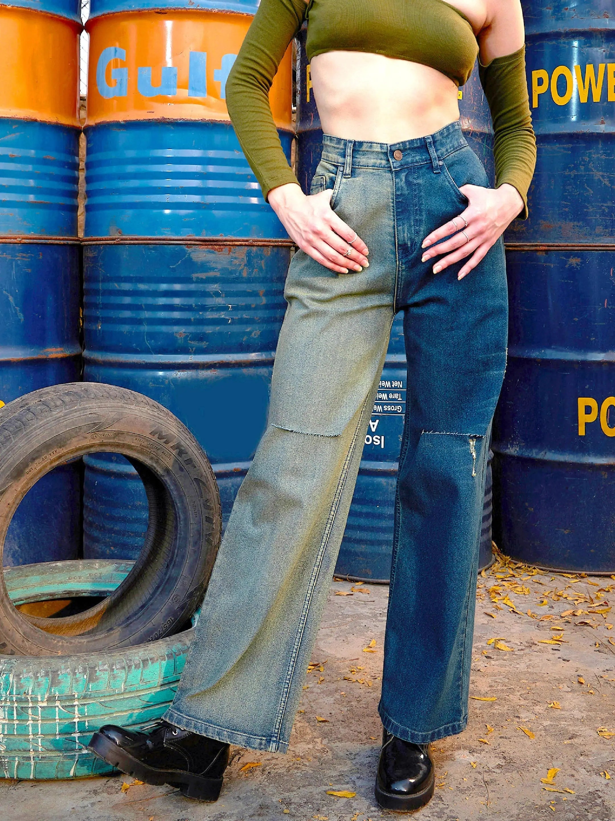Women's Navy Color Block Straight Leg Cotton Denim Jeans