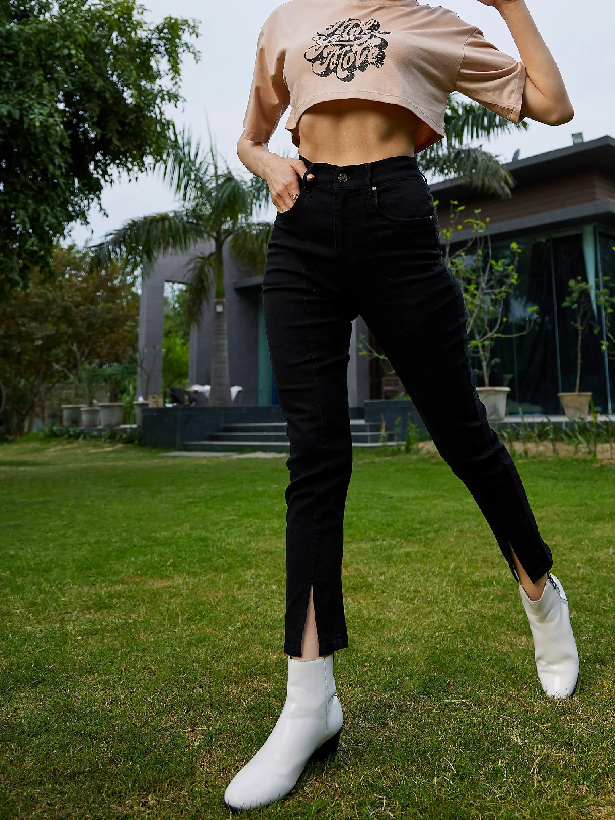 Black Hem Slit Premium Jeans | Comfort Fit Denim for Women