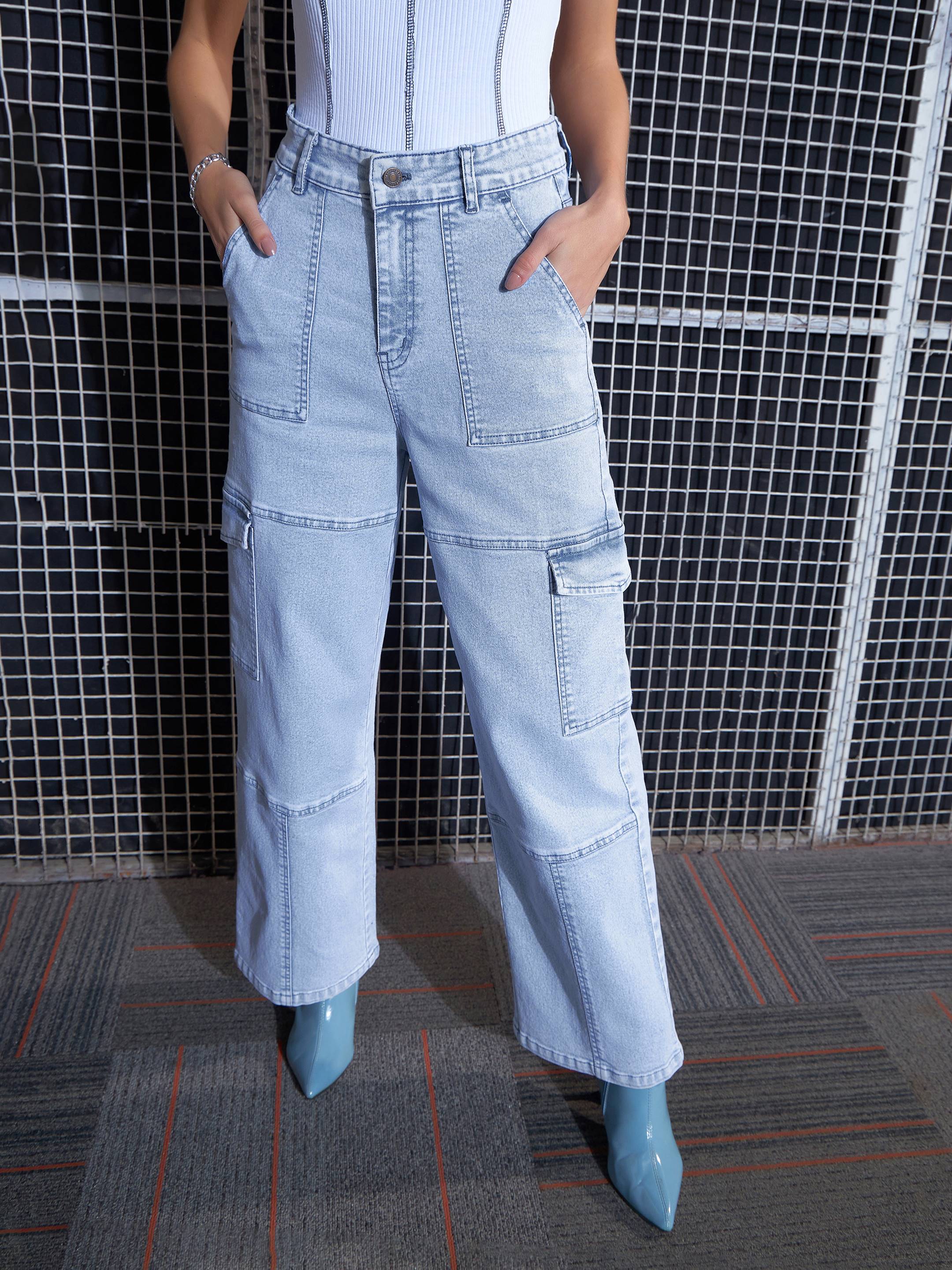 Women Blue Contrast Stitch Cargo Straight Jeans-SFJEAN0517