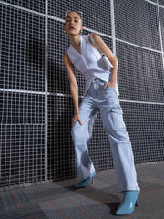 Women Blue Contrast Stitch Cargo Straight Jeans-SFJEAN0517
