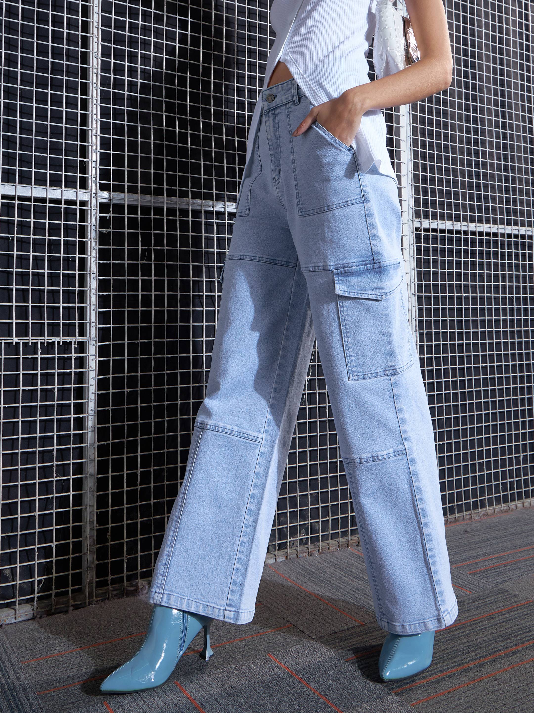 Women Blue Contrast Stitch Cargo Straight Jeans-SFJEAN0517