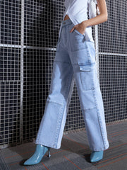 Women Blue Contrast Stitch Cargo Straight Jeans-SFJEAN0517