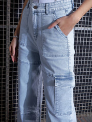 Women Blue Contrast Stitch Cargo Straight Jeans-SFJEAN0517