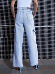 Women Blue Contrast Stitch Cargo Straight Jeans-SFJEAN0517