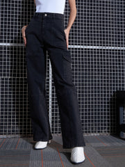 Women Black Acid Wash Contrast Stitch Cargo Straight Jeans-SFJEAN0518