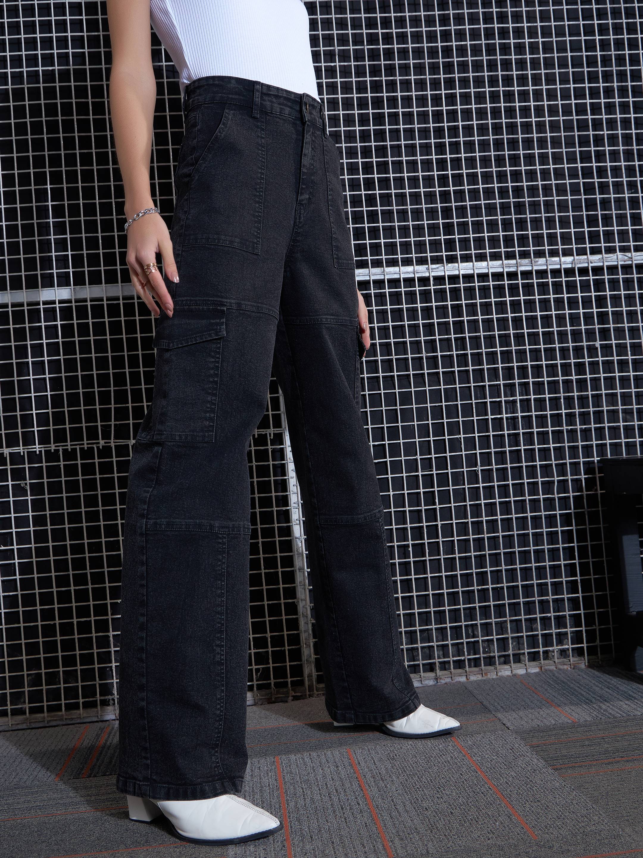 Women Black Acid Wash Contrast Stitch Cargo Straight Jeans-SFJEAN0518
