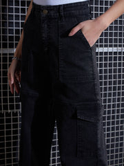 Women Black Acid Wash Contrast Stitch Cargo Straight Jeans-SFJEAN0518