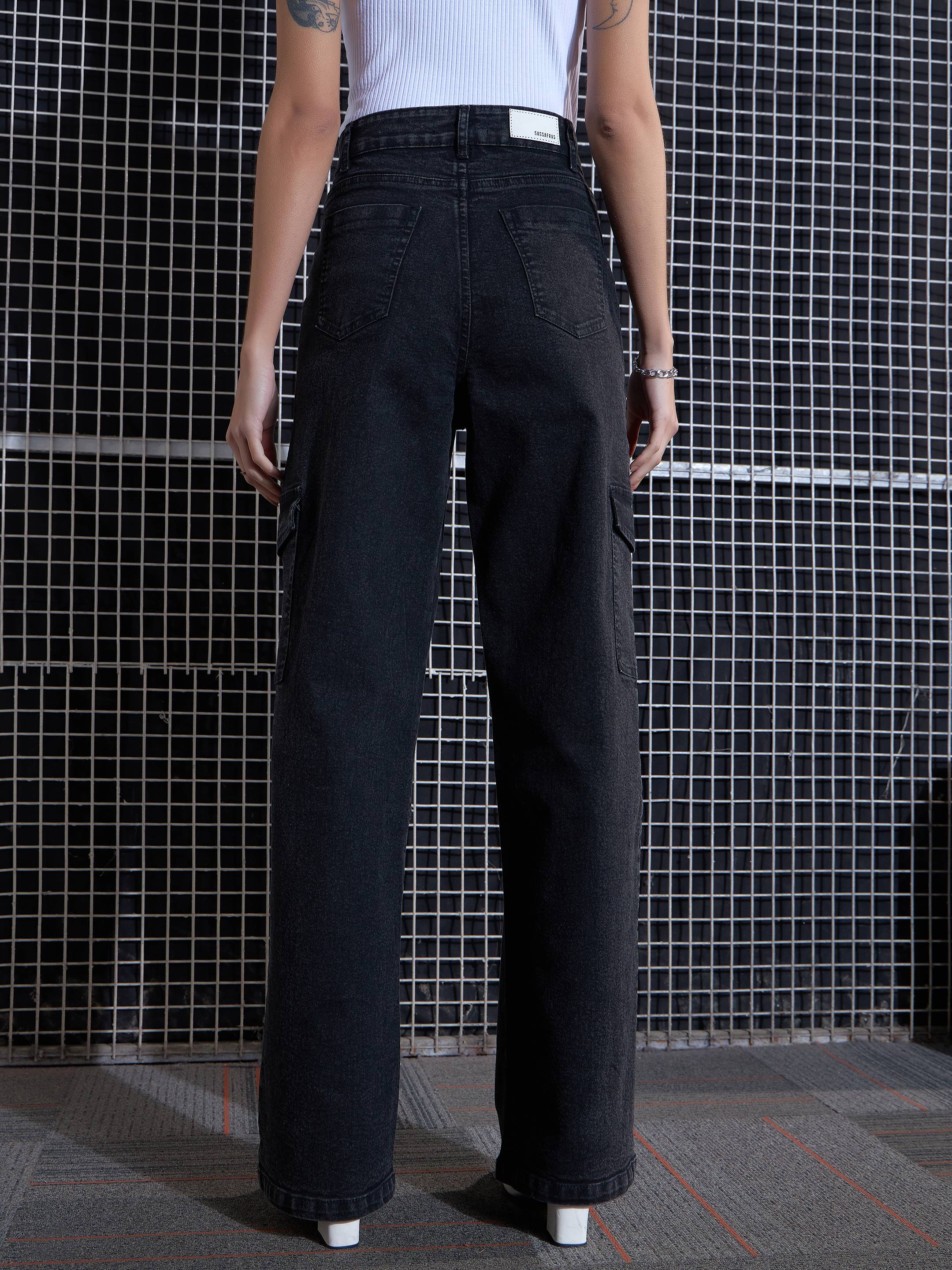 Women Black Acid Wash Contrast Stitch Cargo Straight Jeans-SFJEAN0518