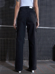 Women Black Acid Wash Contrast Stitch Cargo Straight Jeans-SFJEAN0518