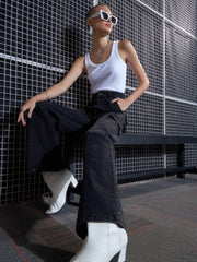 Women Black Acid Wash Contrast Stitch Cargo Straight Jeans-SFJEAN0518