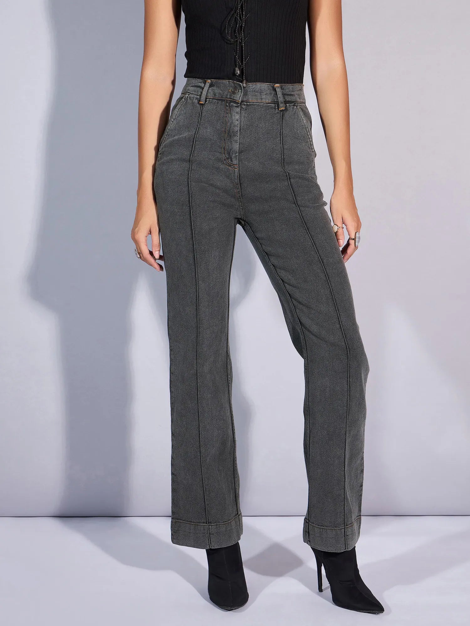 Grey Boot Cut Jeans | Mid Rise Denim for Women