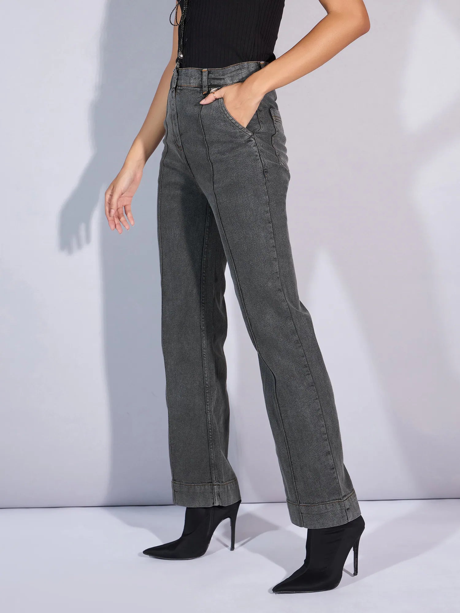 Grey Boot Cut Jeans | Mid Rise Denim for Women