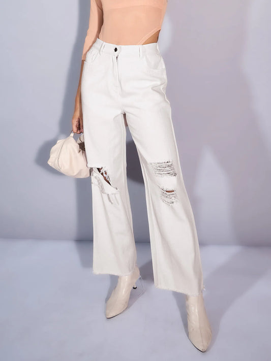 Women White Twill Distress Frayed Hem Jeans-SFJEAN0562 1500
