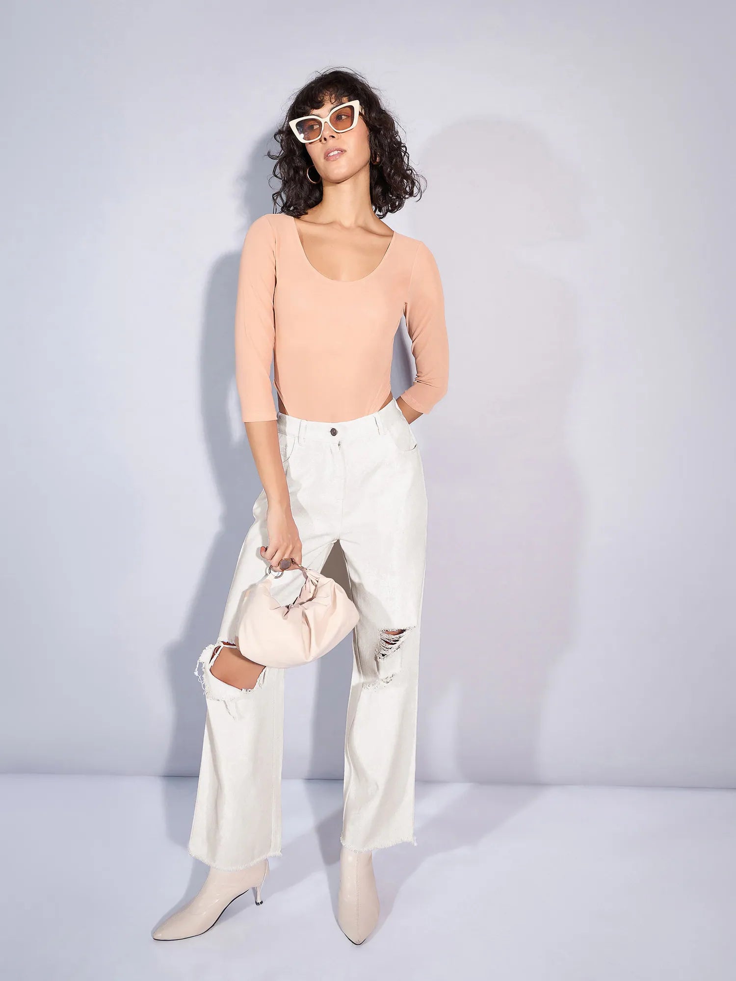 White Twill Distress Frayed Hem Jeans for Women