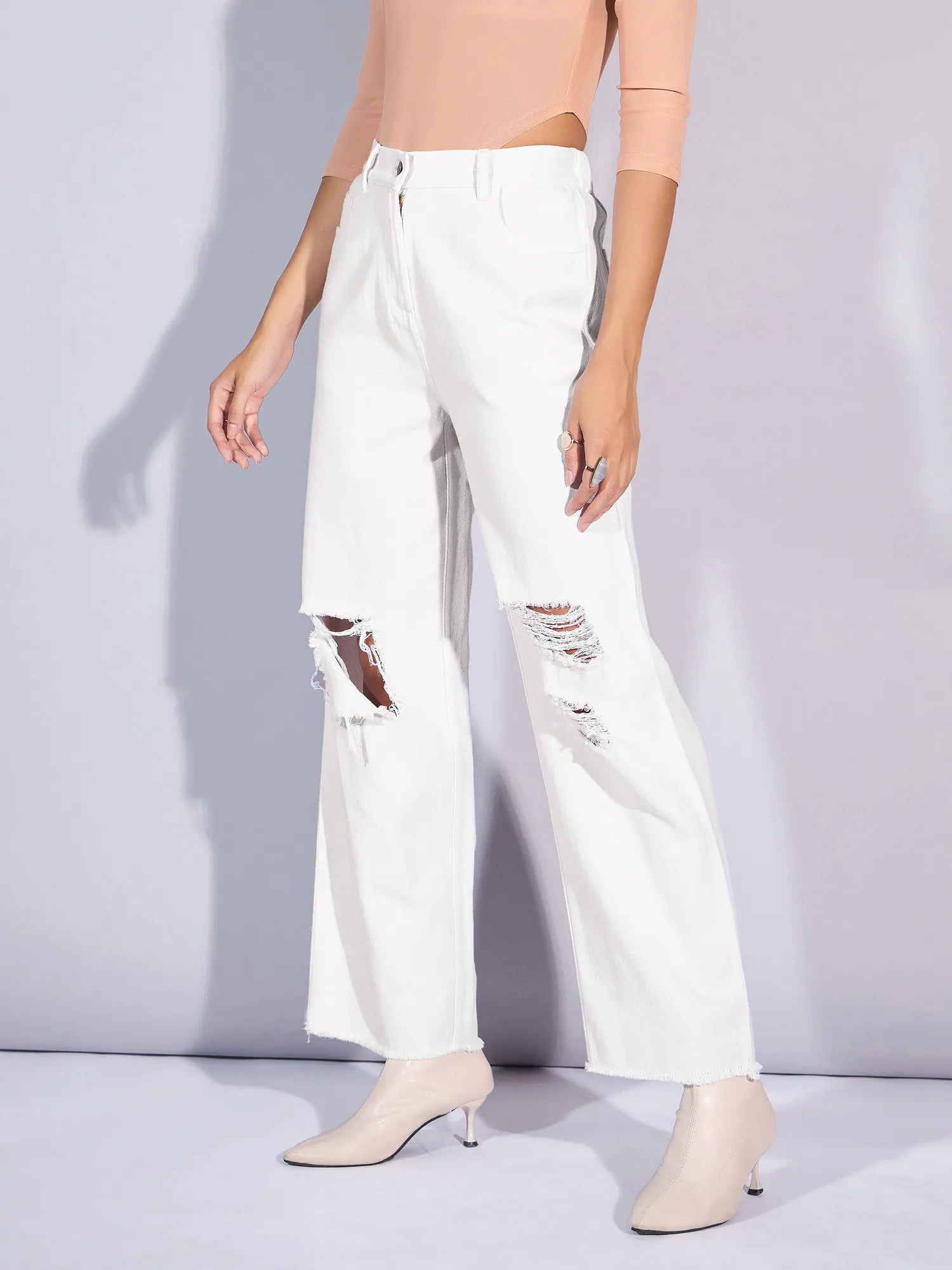 White Twill Distress Frayed Hem Jeans for Women