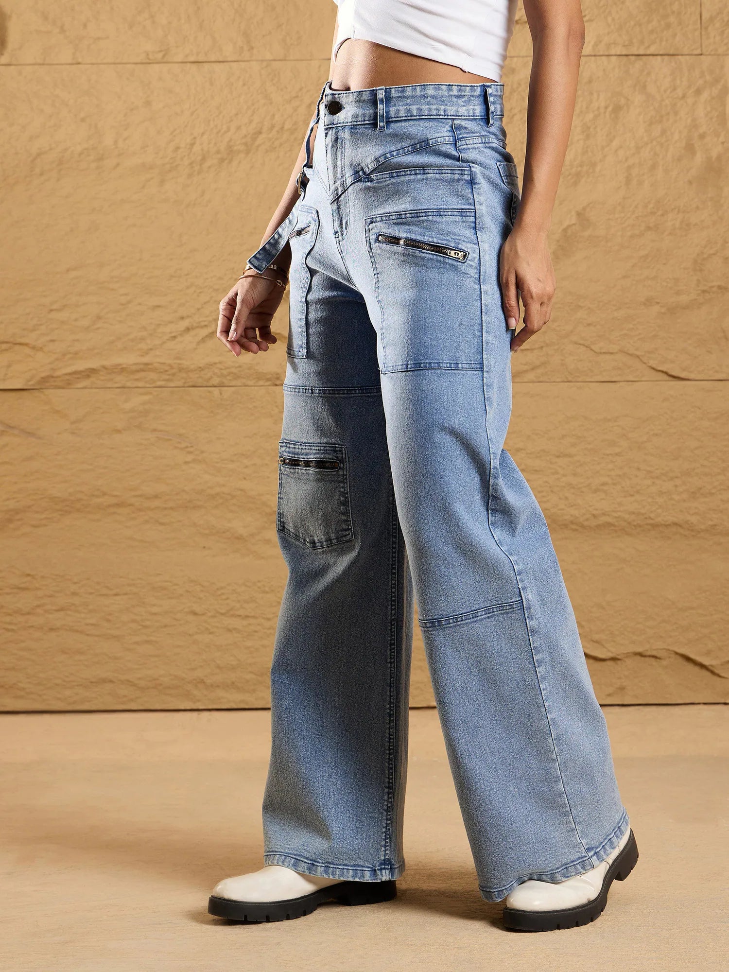 Ice Blue Straight Fit Jeans with Zipper Pocket Detail