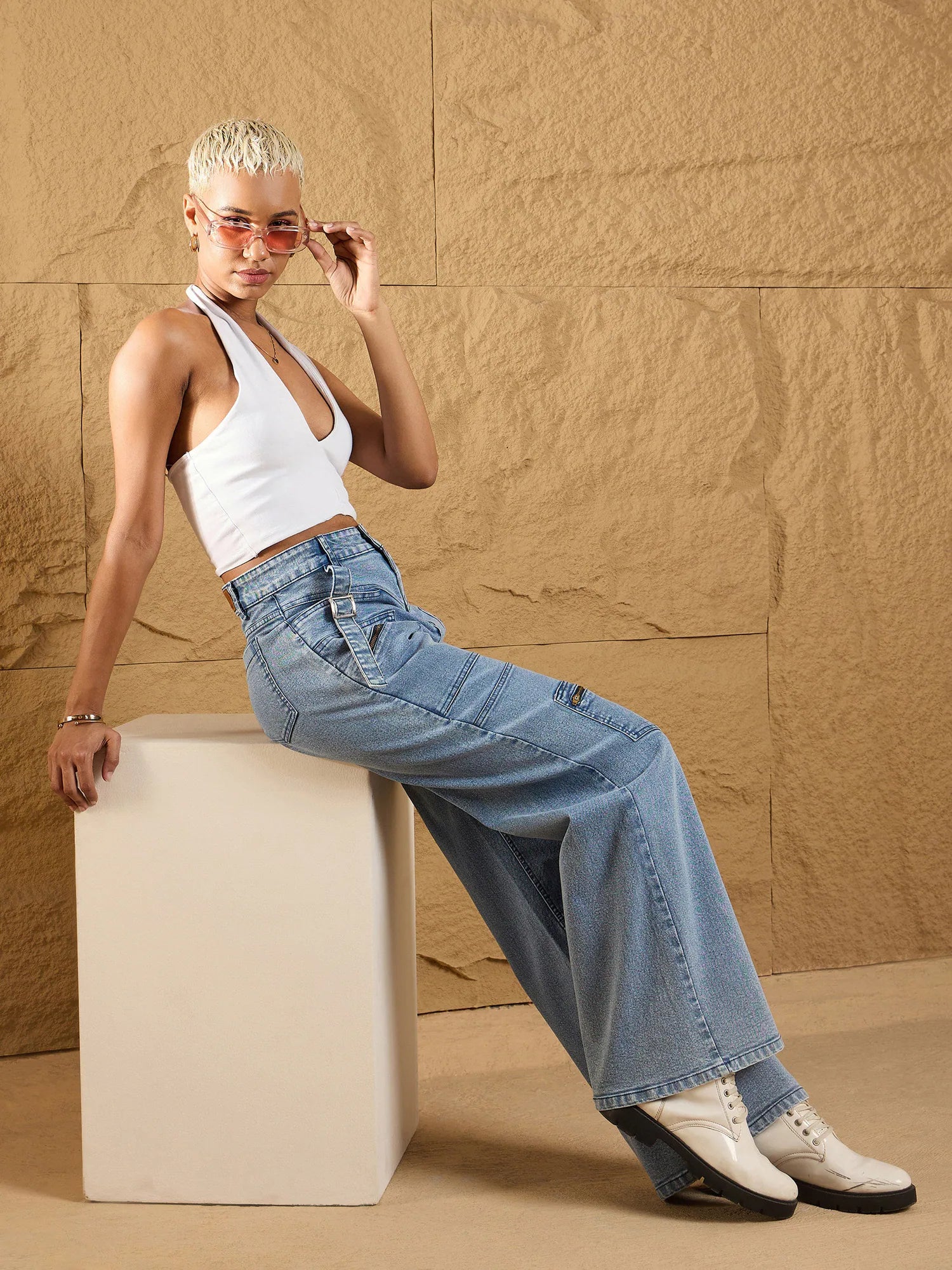 Ice Blue Straight Fit Jeans with Zipper Pocket Detail