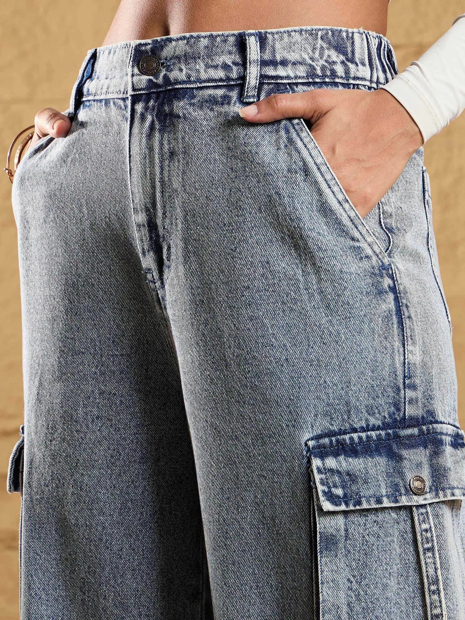 Acid Wash Cargo Jeans for Women with Side Pockets