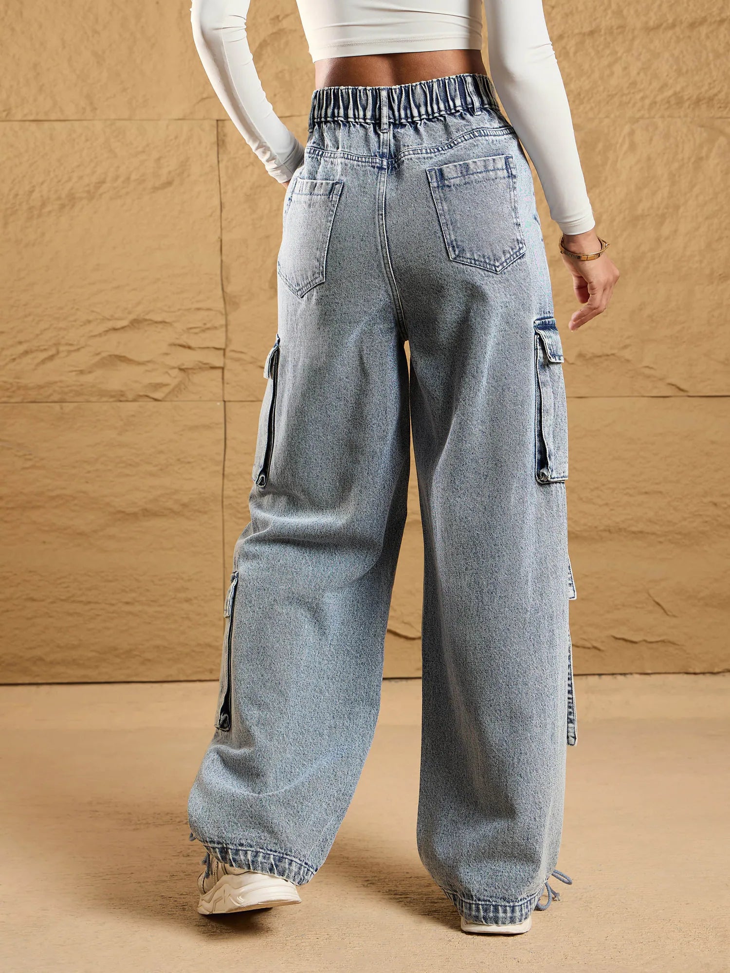 Acid Wash Cargo Jeans for Women with Side Pockets