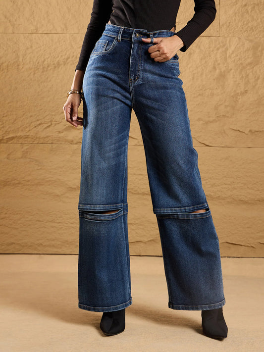 Women Blue Wash Knee Slit Straight Fit Jeans-SFJEAN0568 1500