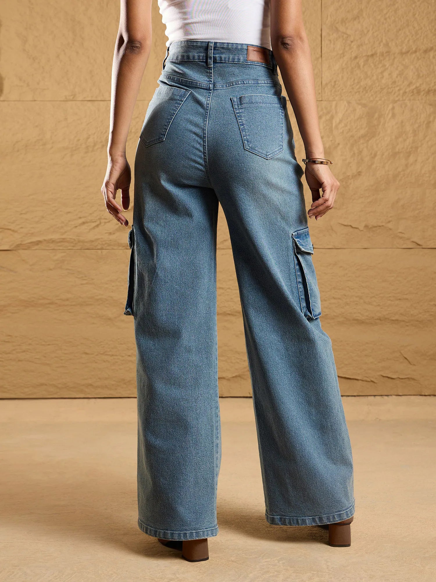 Acid Wash Multi-Pocket Cargo Jeans with Tie Detail