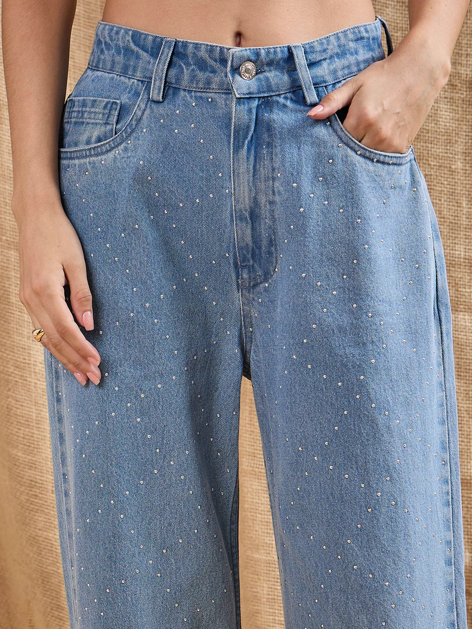 Blue Washed Studded Women's Straight Fit Jeans in Denim Cotton