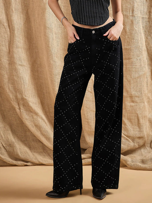 Women Black Stud Work Straight Fit Jeans-SFJEAN0572 1500