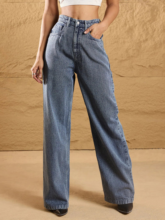 Women Blue Washed Eyelet Detail Straight Fit Jeans-SFJEAN0573 1500
