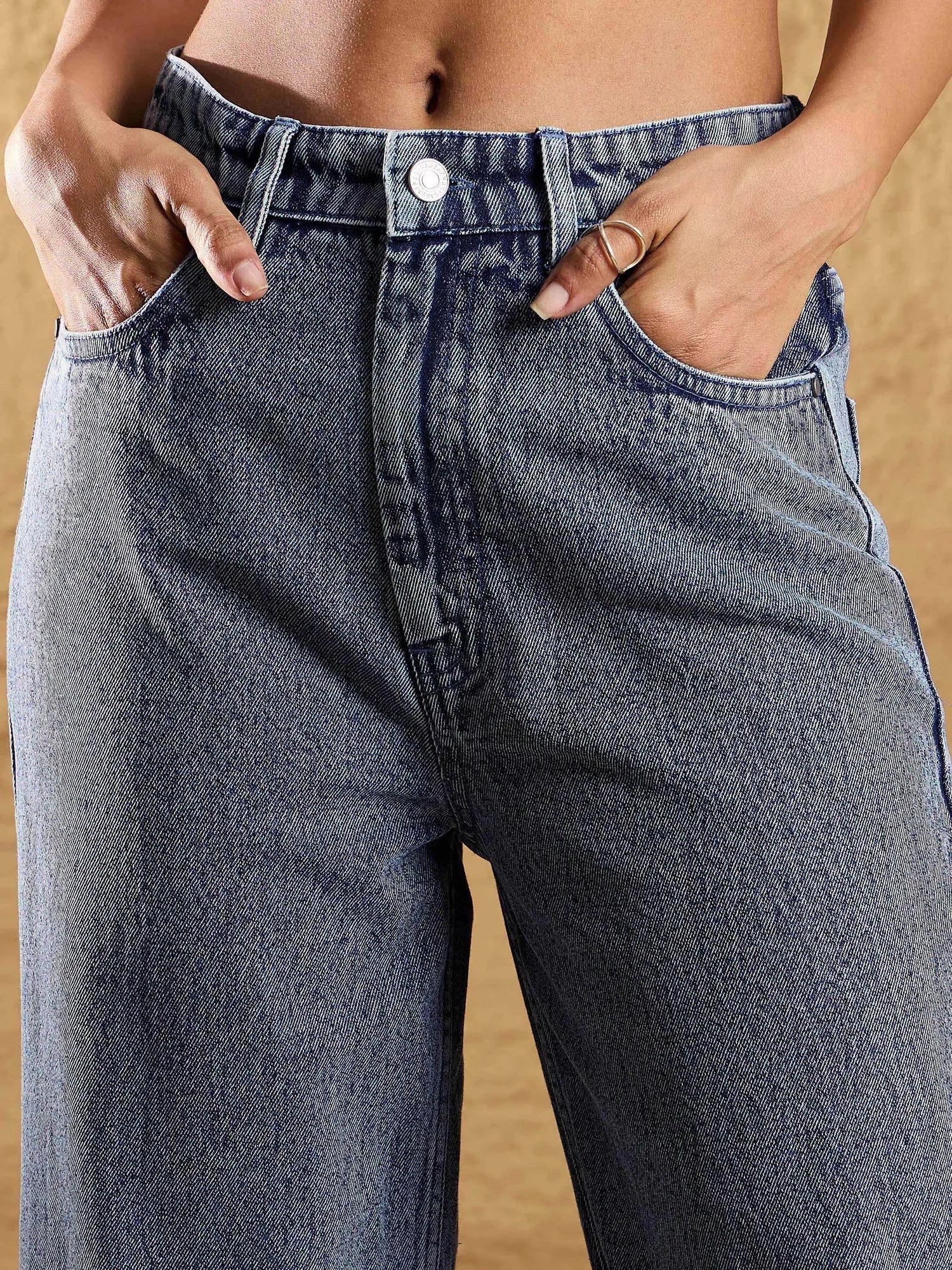 Women's Blue Washed Straight Fit Cotton Denim Jeans with Eyelets