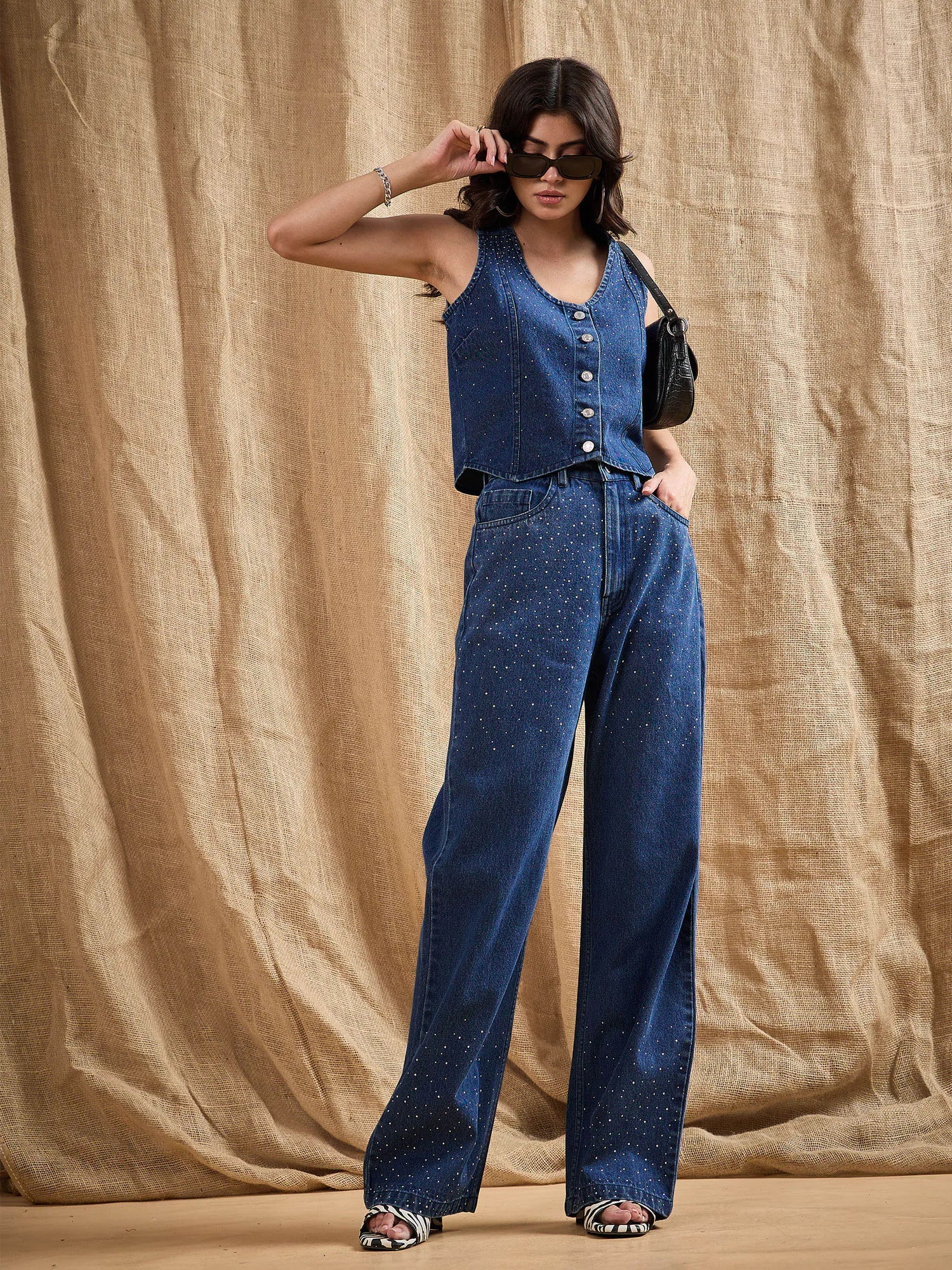 Blue Studded Front Straight Fit Denim Jeans for Women