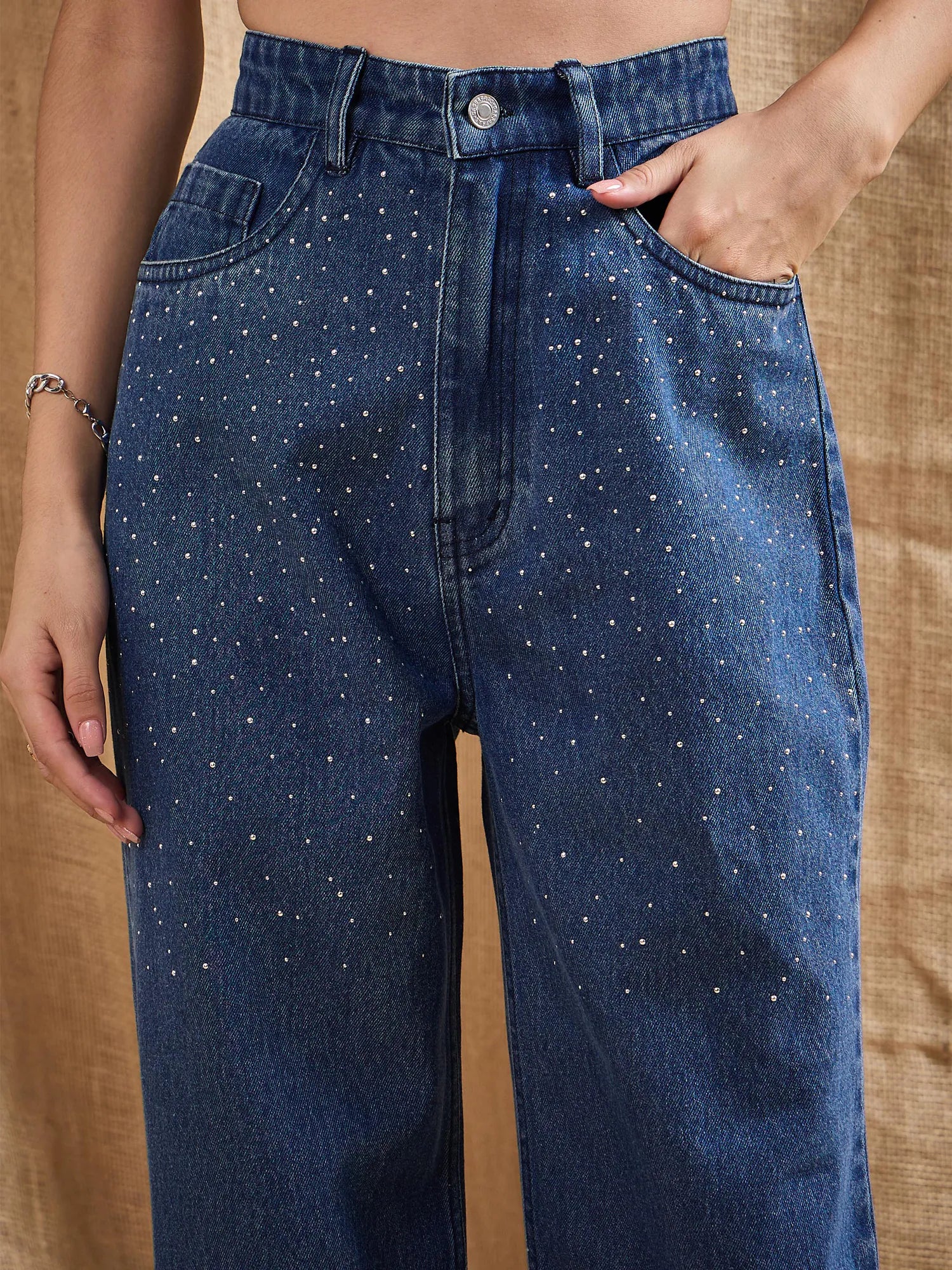 Blue Studded Front Straight Fit Denim Jeans for Women