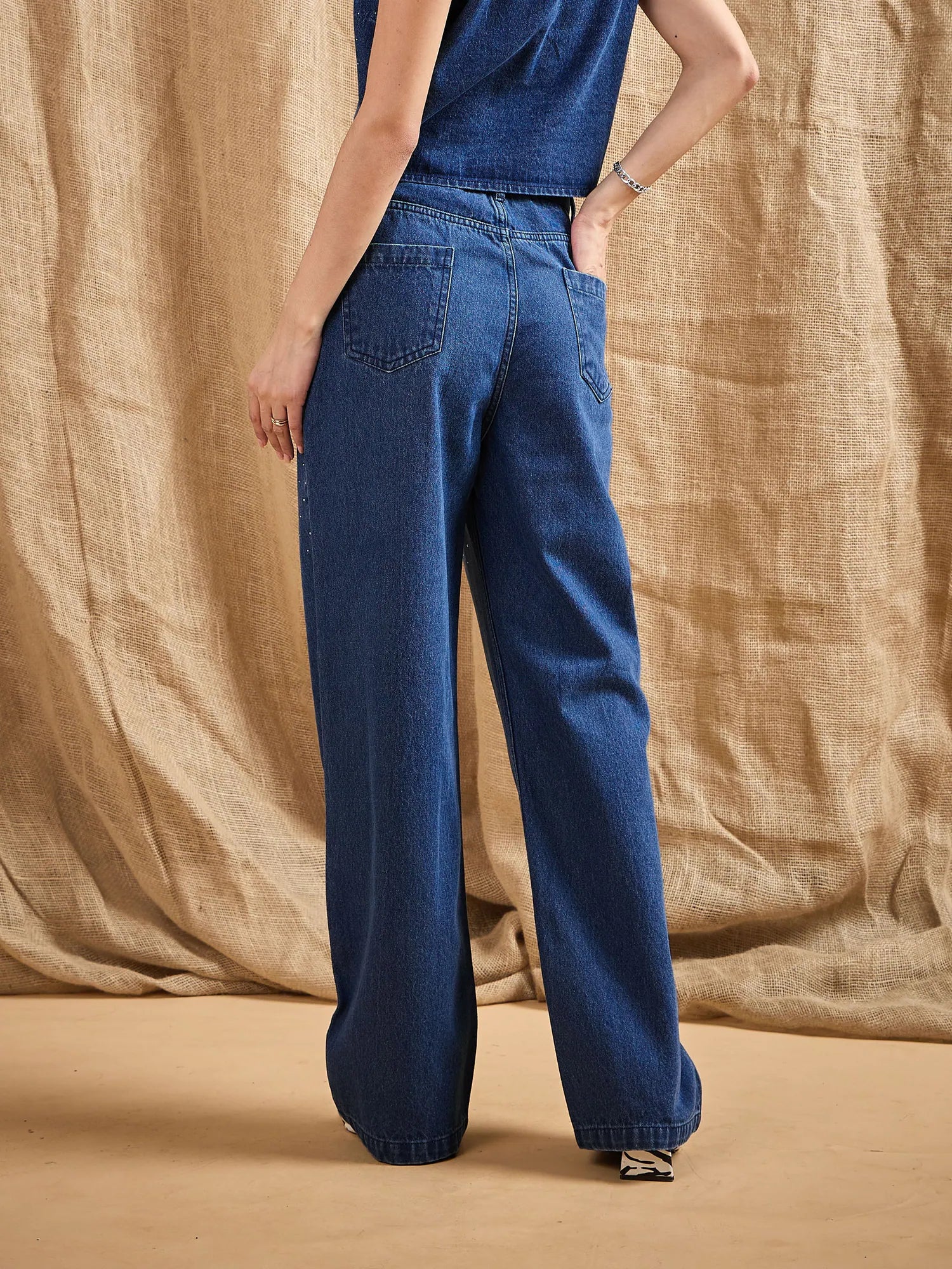Blue Studded Front Straight Fit Denim Jeans for Women