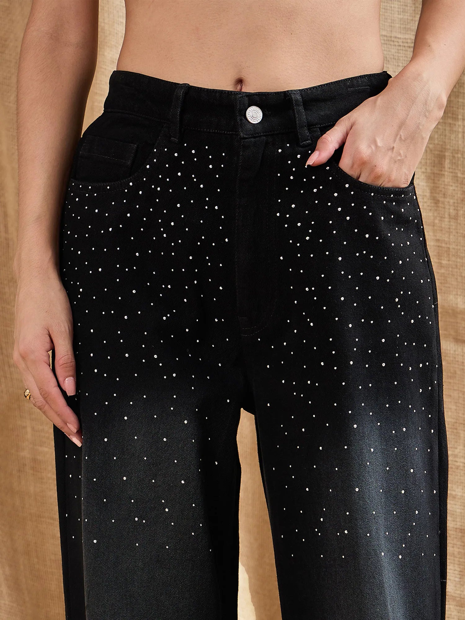 Black Washed Studded Straight Fit Women's Cotton Denim Jeans