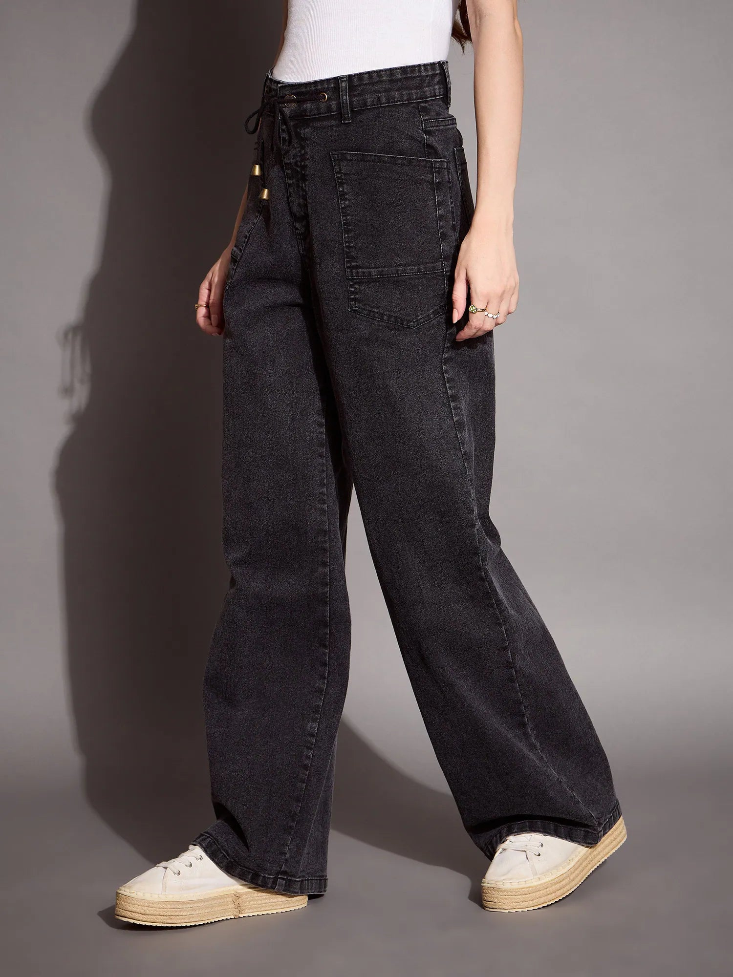 Black Wash Patch Pocket Straight Jeans - Denim Cotton Blend