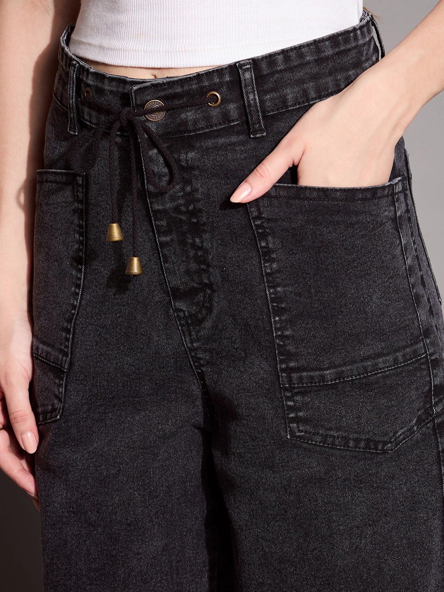 Black Wash Patch Pocket Straight Jeans - Denim Cotton Blend