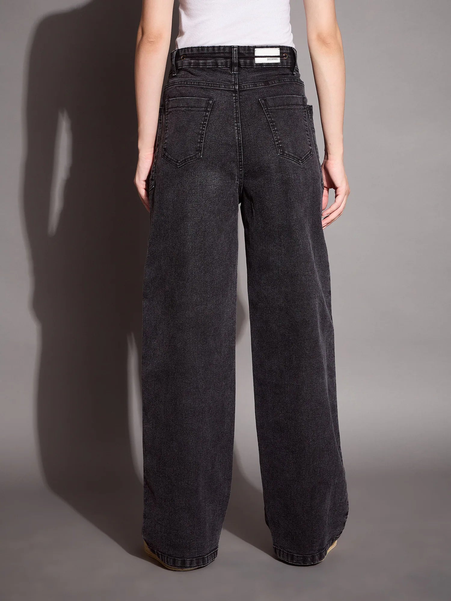 Black Wash Patch Pocket Straight Jeans - Denim Cotton Blend