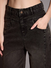 Women Black Wash Front Seam Straight Fit Jeans-SFJEAN0583