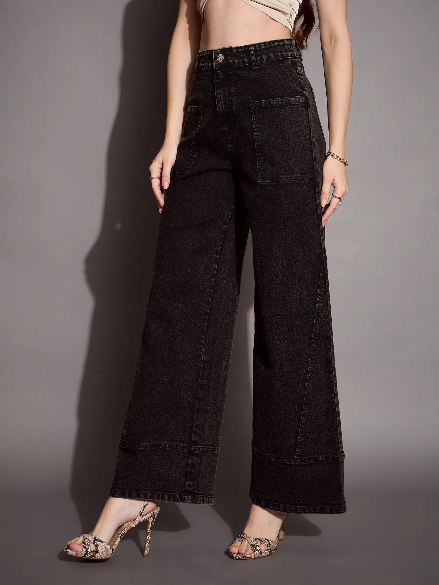 Black Wash Wide Leg Jeans: Patch Pocket Women's Denim