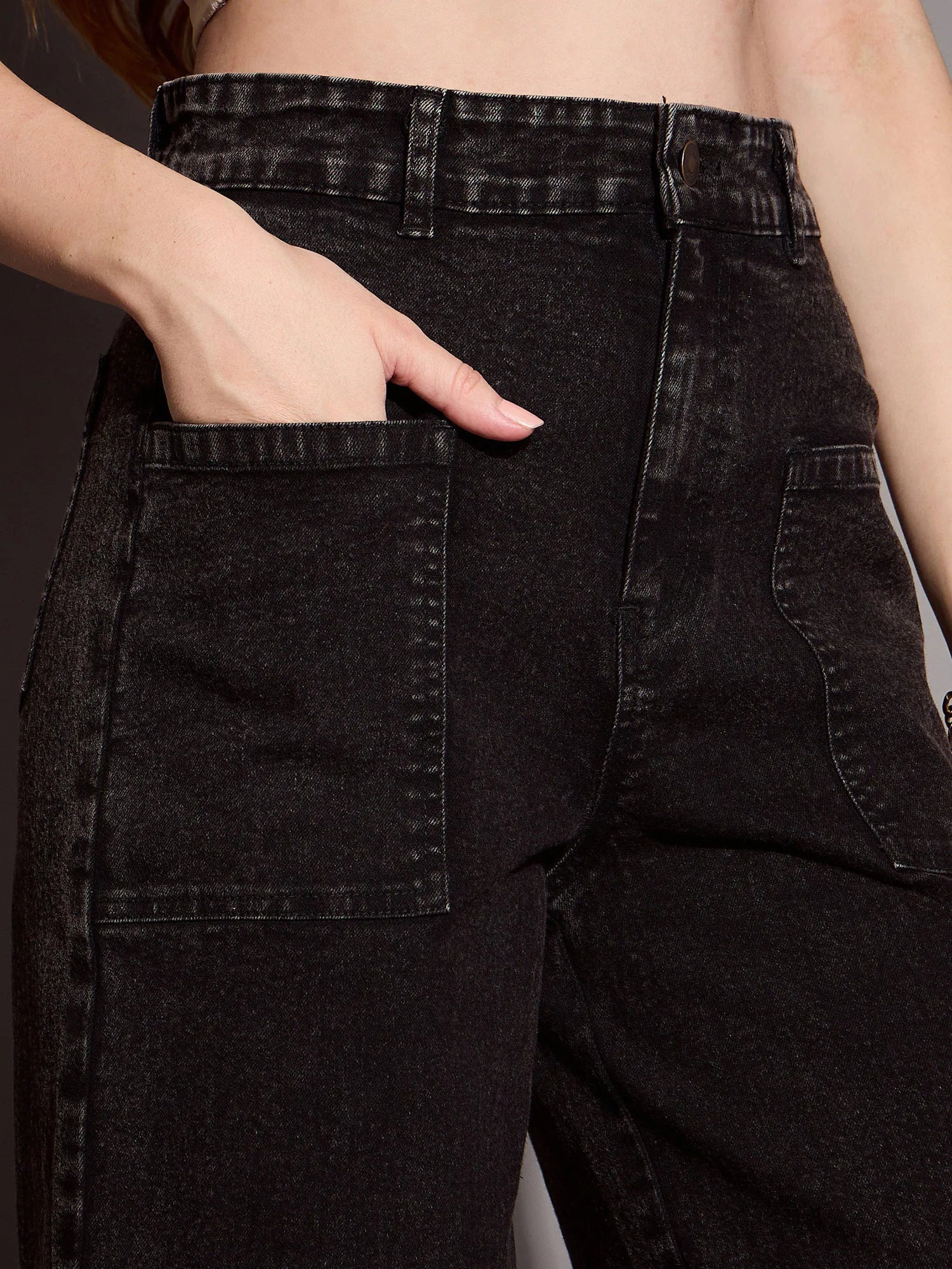 Black Wash Wide Leg Jeans: Patch Pocket Women's Denim
