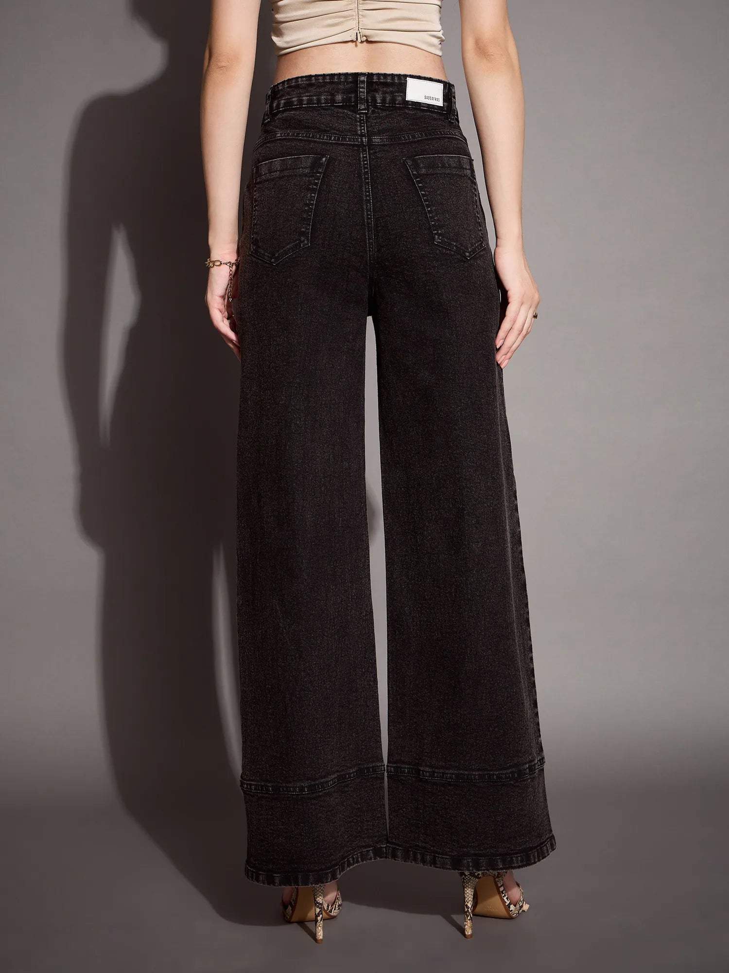 Black Wash Wide Leg Jeans: Patch Pocket Women's Denim