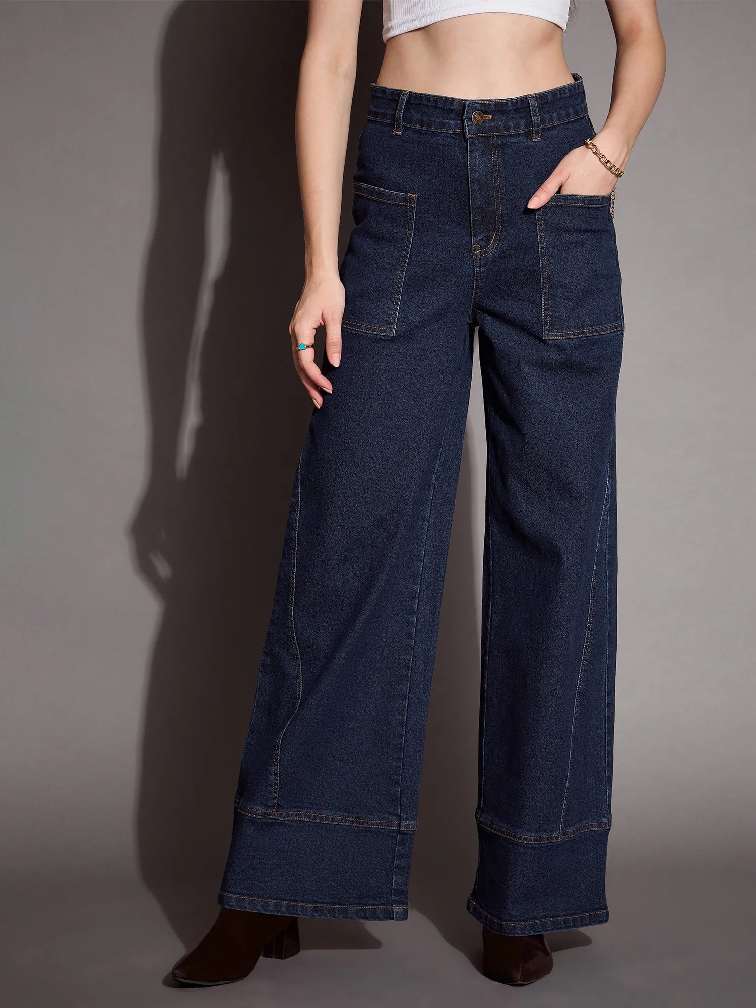 Blue Blast Patch Pocket Wide Leg Jeans - Denim Cotton