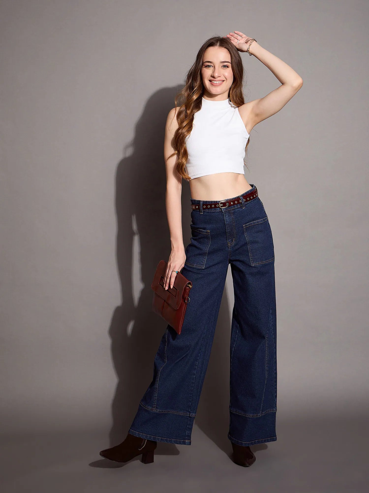 Blue Blast Patch Pocket Wide Leg Jeans - Denim Cotton