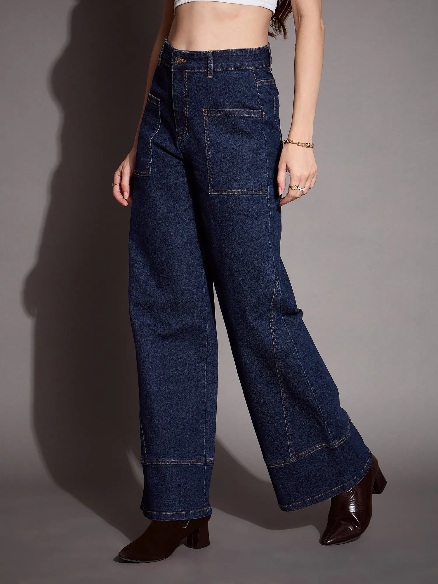 Blue Blast Patch Pocket Wide Leg Jeans - Denim Cotton