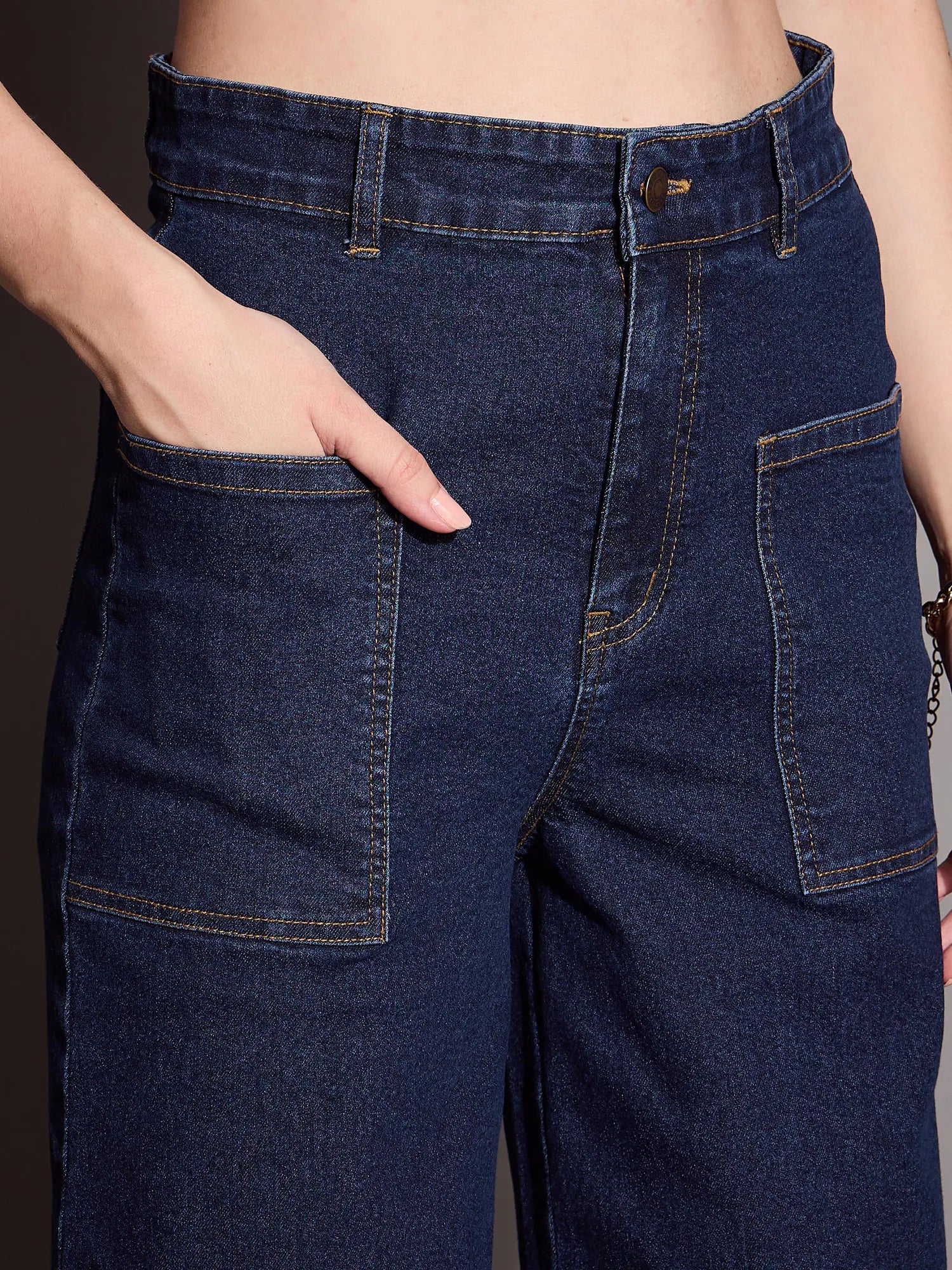 Blue Blast Patch Pocket Wide Leg Jeans - Denim Cotton