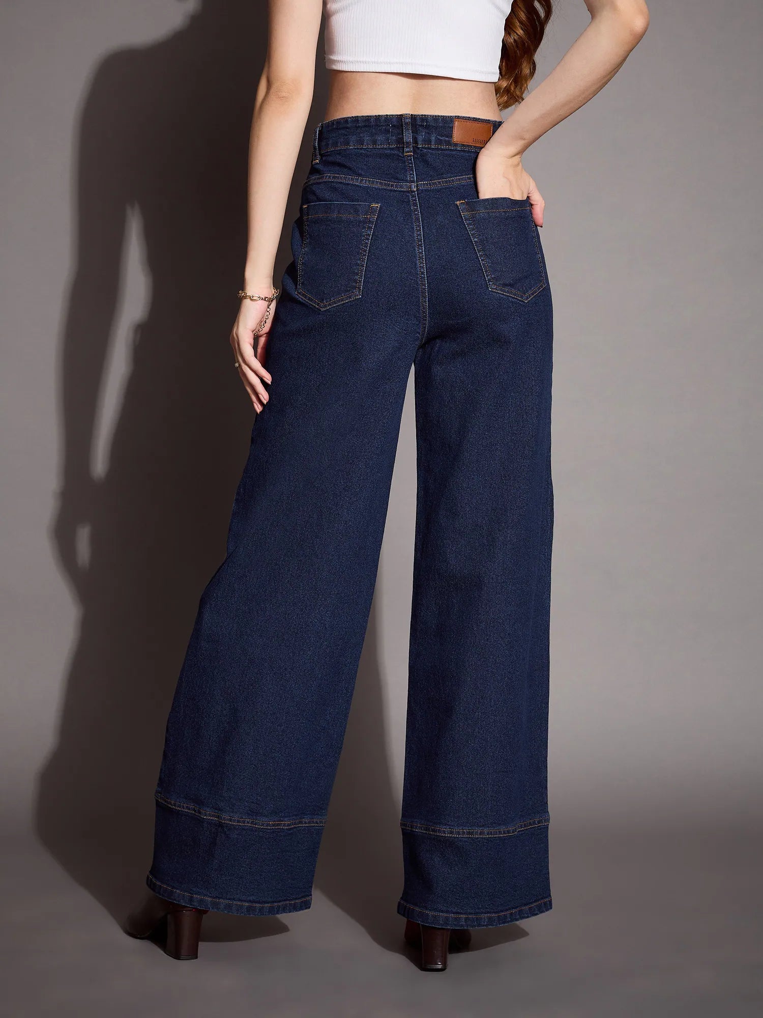 Blue Blast Patch Pocket Wide Leg Jeans - Denim Cotton