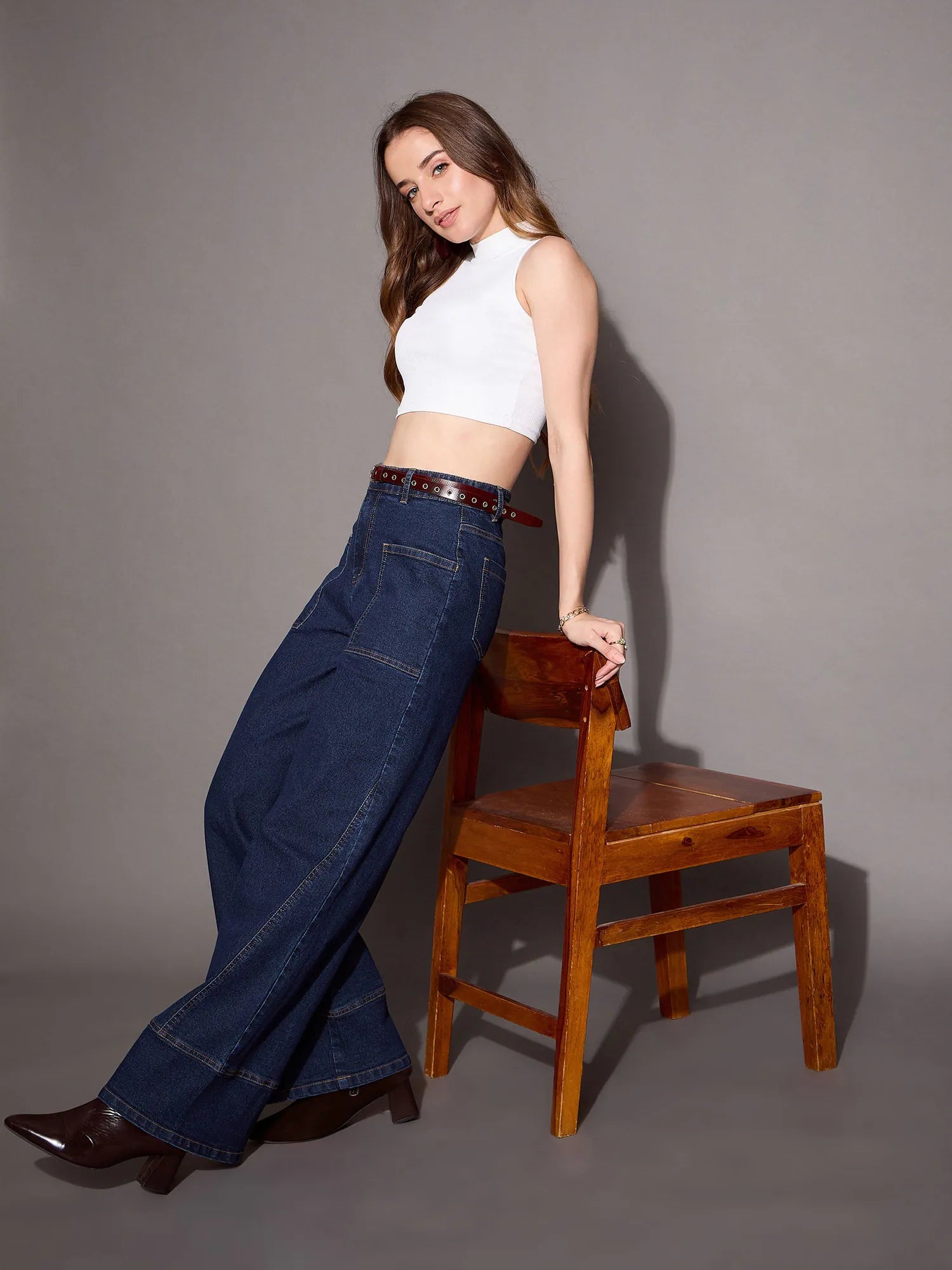 Blue Blast Patch Pocket Wide Leg Jeans - Denim Cotton