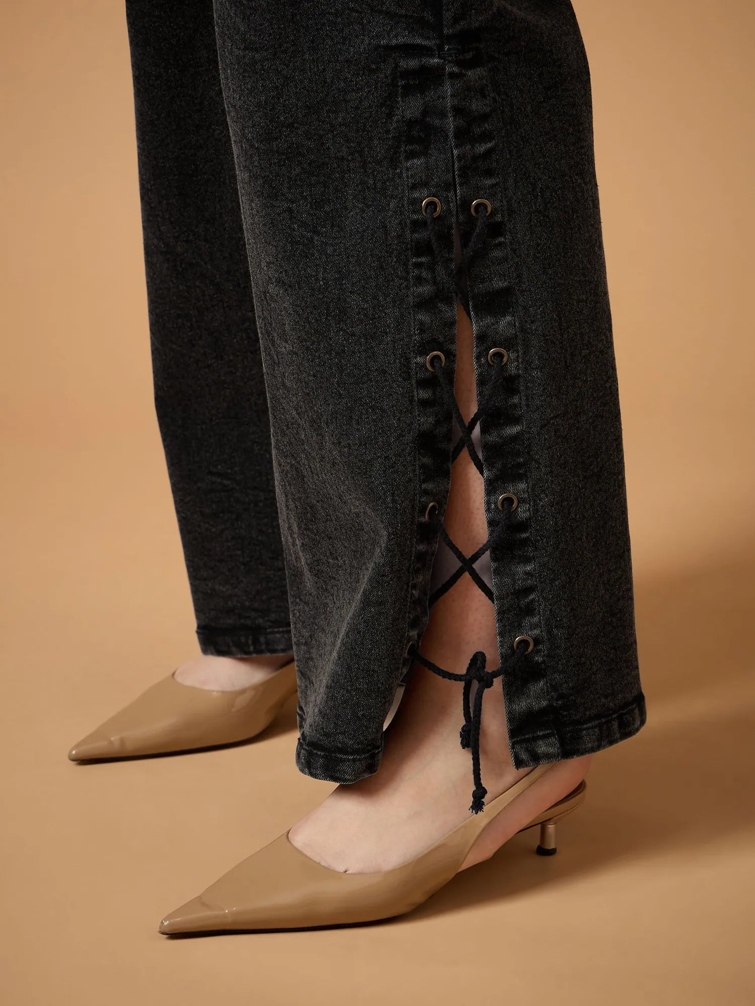 Black Straight Fit Jeans - Women's Denim with Side Knot Detail