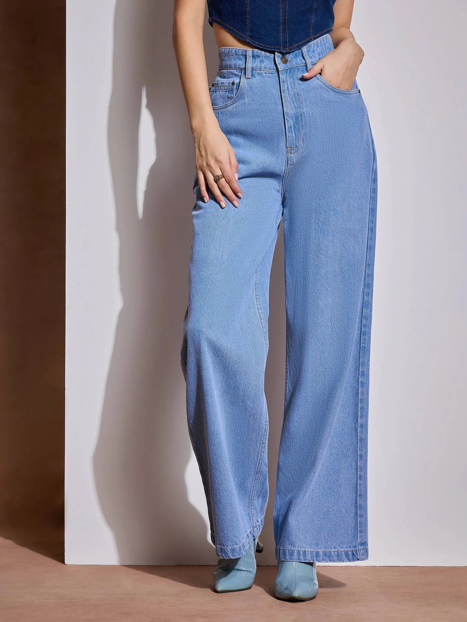 Ice Blue Straight Jeans - Women's Denim Jeans with Heart Pockets