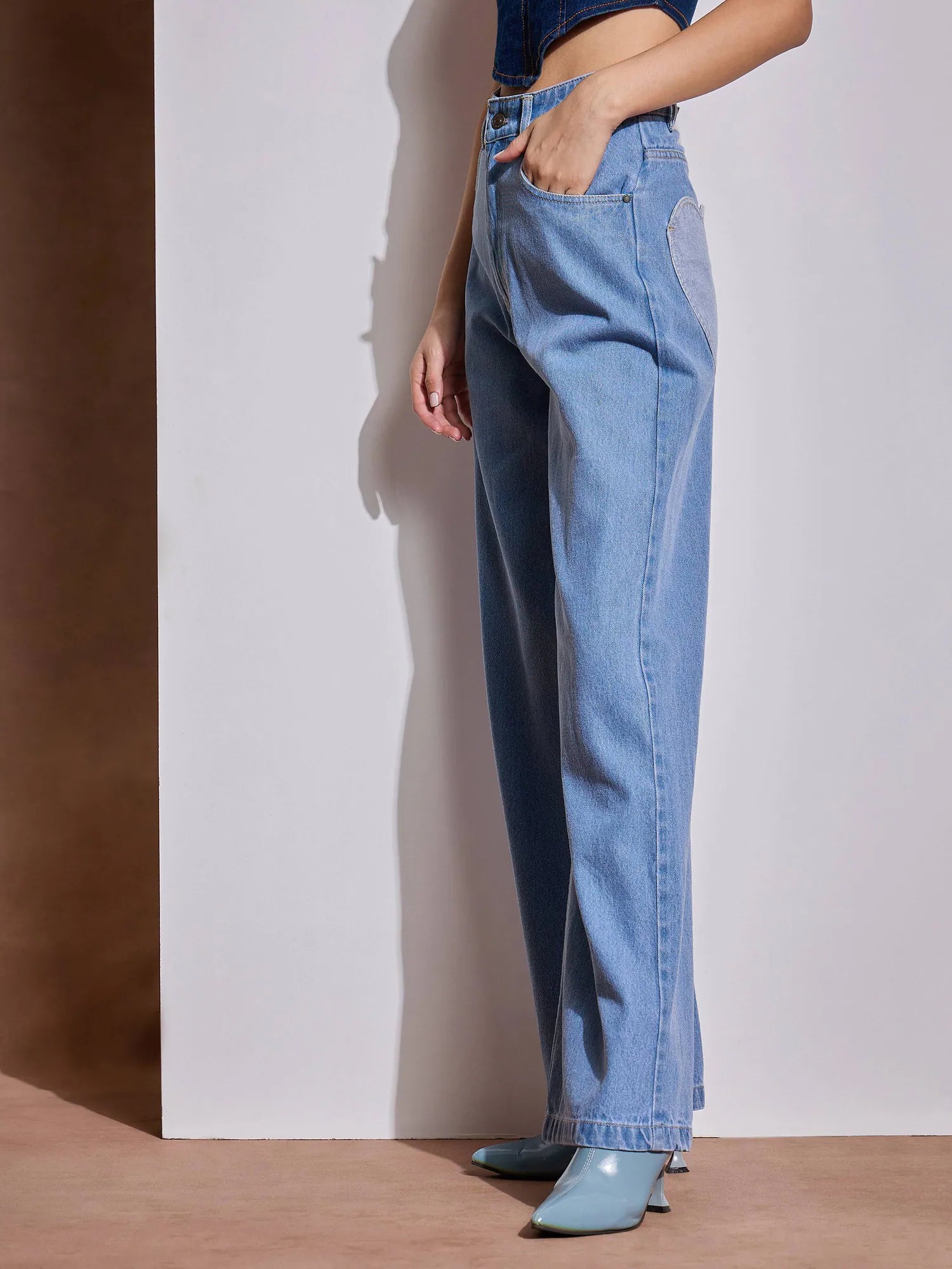 Ice Blue Straight Jeans - Women's Denim Jeans with Heart Pockets